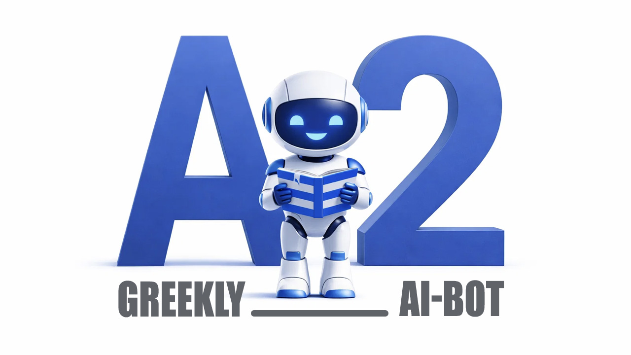 Greekly AI-Bot - робот с книгой в виде греческого флага между буквами A и 2
